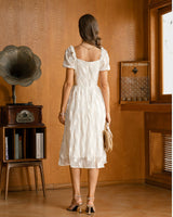 Beige Square Neck Puffed Sleeve Midi Dress - Threadford