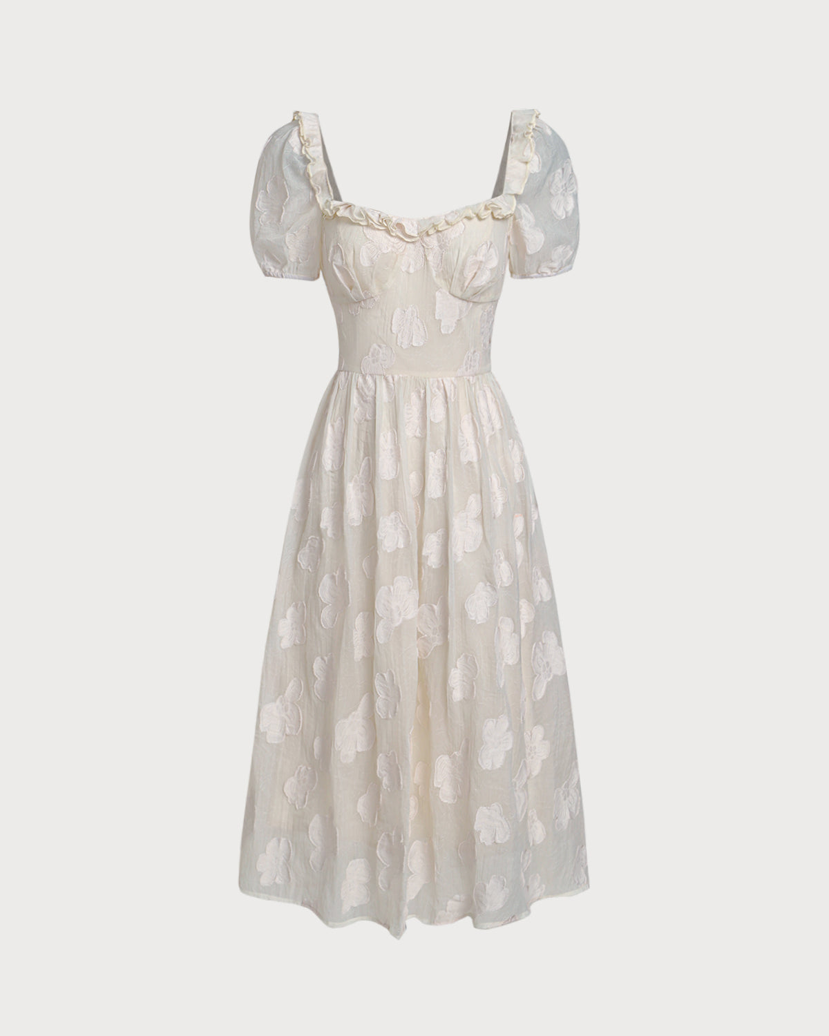 Beige Square Neck Puffed Sleeve Midi Dress - Threadford