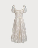 Beige Square Neck Puffed Sleeve Midi Dress - Threadford