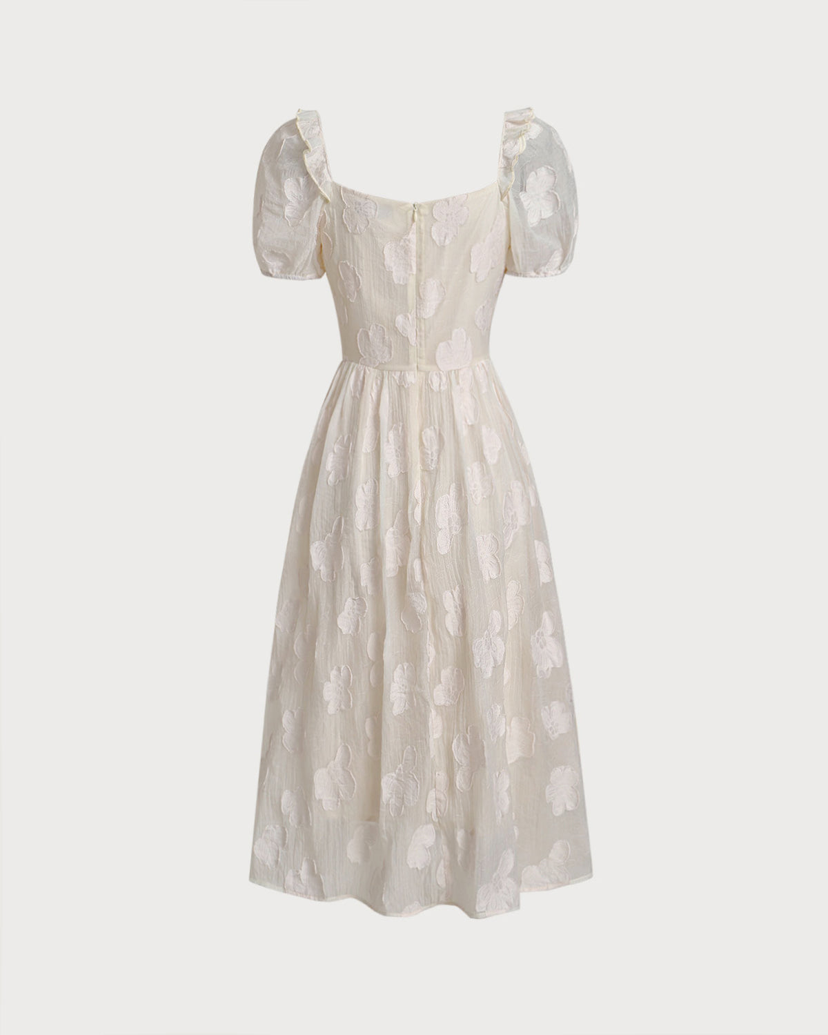 Beige Square Neck Puffed Sleeve Midi Dress - Threadford