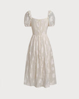 Beige Square Neck Puffed Sleeve Midi Dress - Threadford