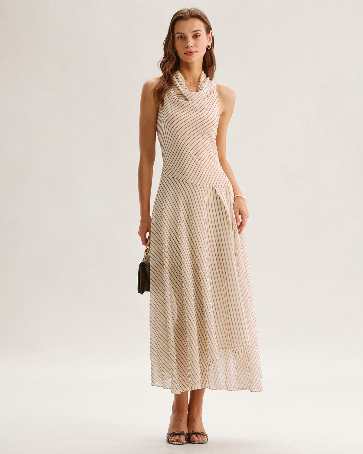 Beige Striped Cowl Neck Sleeveless Midi Dress - Threadford