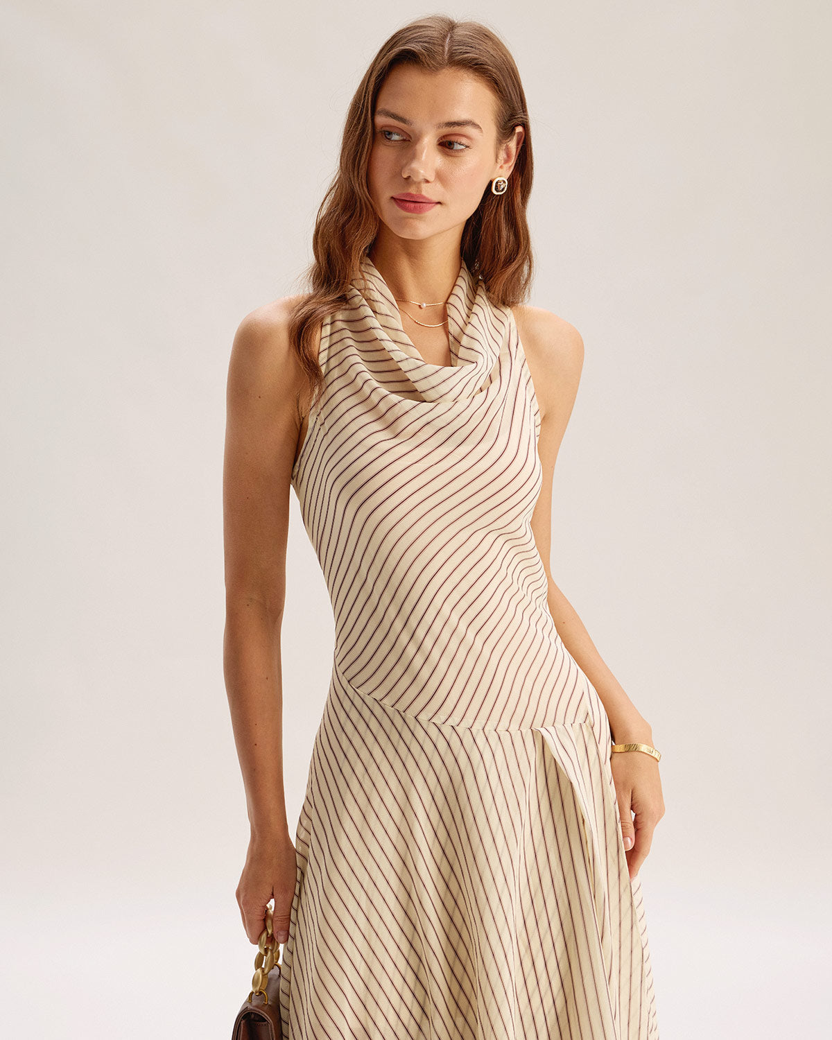 Beige Striped Cowl Neck Sleeveless Midi Dress - Threadford