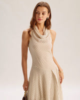 Beige Striped Cowl Neck Sleeveless Midi Dress - Threadford