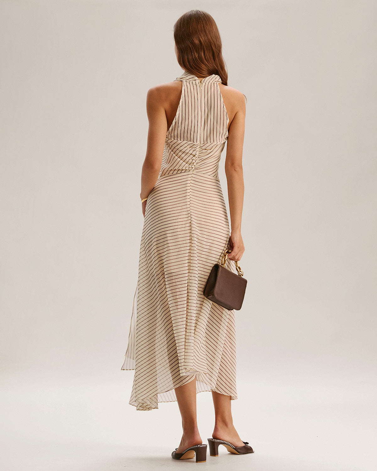 Beige Striped Cowl Neck Sleeveless Midi Dress - Threadford
