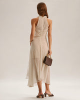 Beige Striped Cowl Neck Sleeveless Midi Dress - Threadford