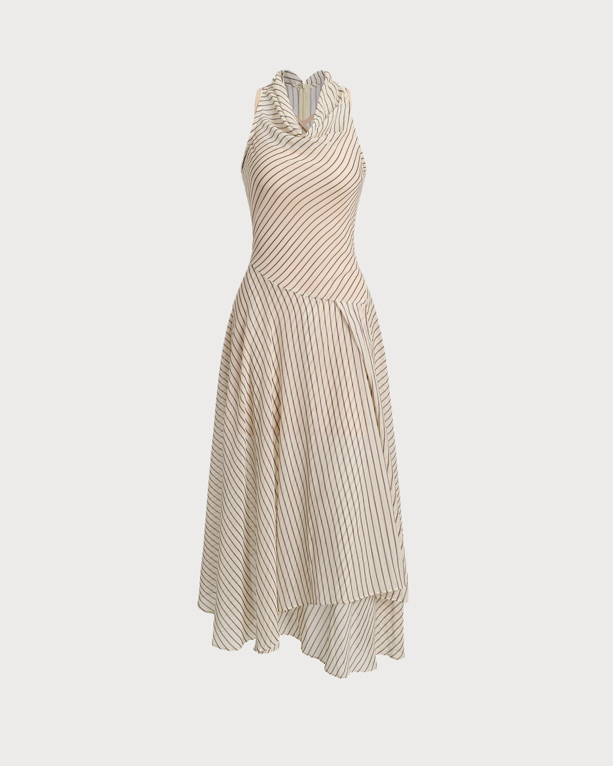 Beige Striped Cowl Neck Sleeveless Midi Dress - Threadford