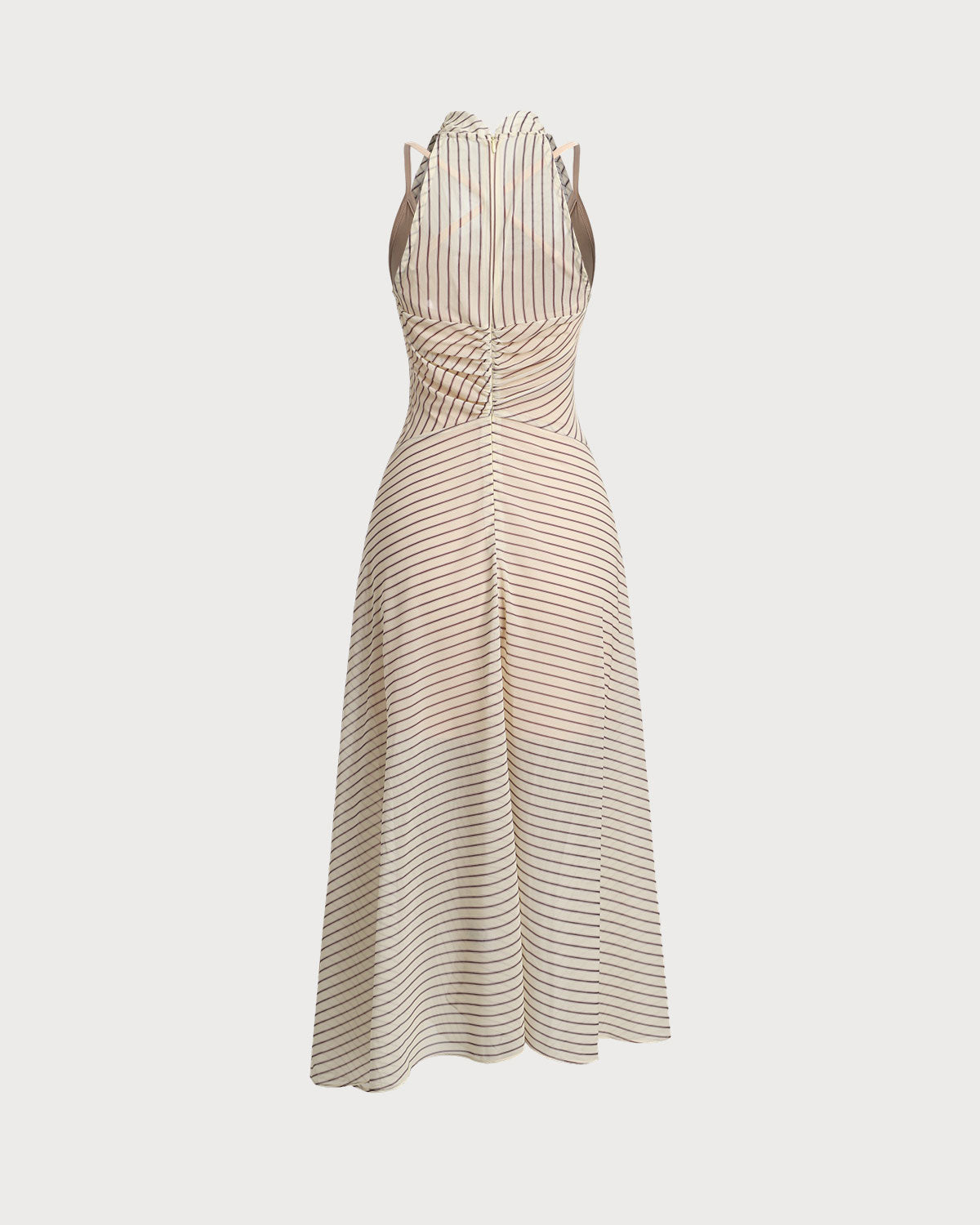 Beige Striped Cowl Neck Sleeveless Midi Dress - Threadford