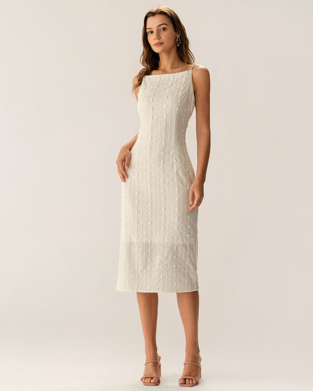 Beige Textured Beaded Slip Midi Dress - Threadford