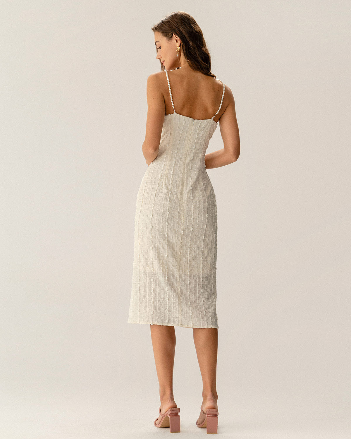 Beige Textured Beaded Slip Midi Dress - Threadford
