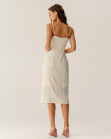 Beige Textured Beaded Slip Midi Dress - Threadford