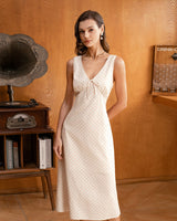 Beige V-neck Ruched Sleeveless Midi Dress - Threadford