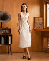 Beige V-neck Ruched Sleeveless Midi Dress - Threadford