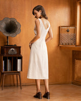 Beige V-neck Ruched Sleeveless Midi Dress - Threadford