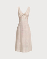 Beige V-neck Ruched Sleeveless Midi Dress - Threadford