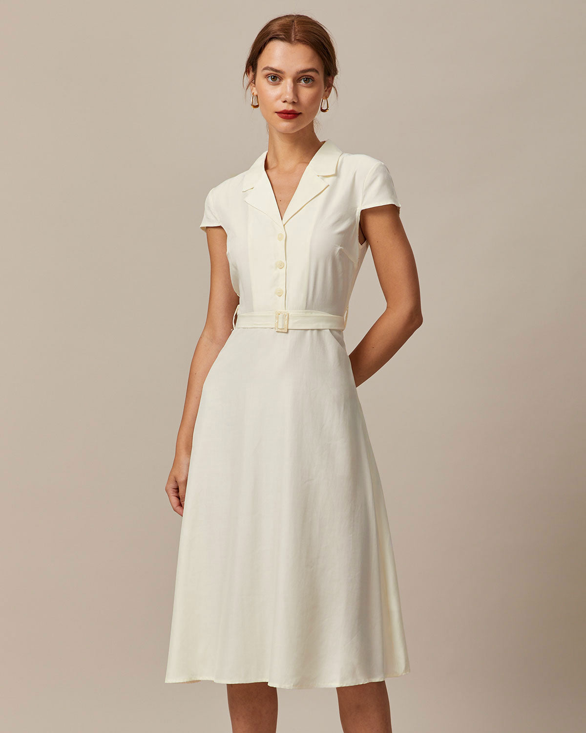 The Beige Lapel Cap Sleeve Shirt Midi Dress - Threadford