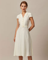 The Beige Lapel Cap Sleeve Shirt Midi Dress - Threadford