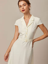 The Beige Lapel Cap Sleeve Shirt Midi Dress - Threadford