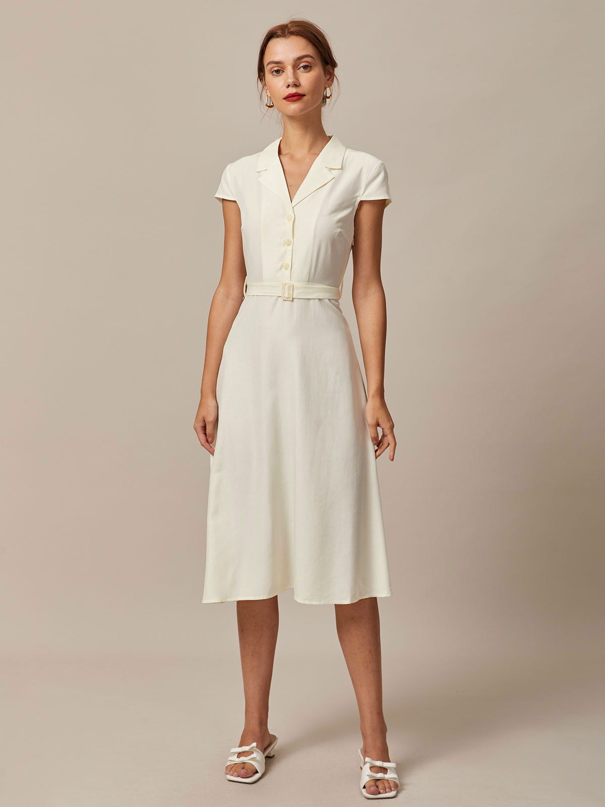 The Beige Lapel Cap Sleeve Shirt Midi Dress - Threadford