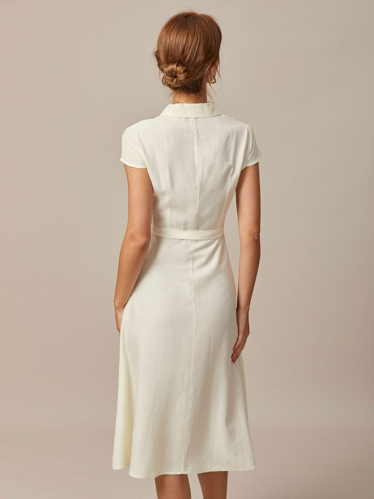 The Beige Lapel Cap Sleeve Shirt Midi Dress - Threadford