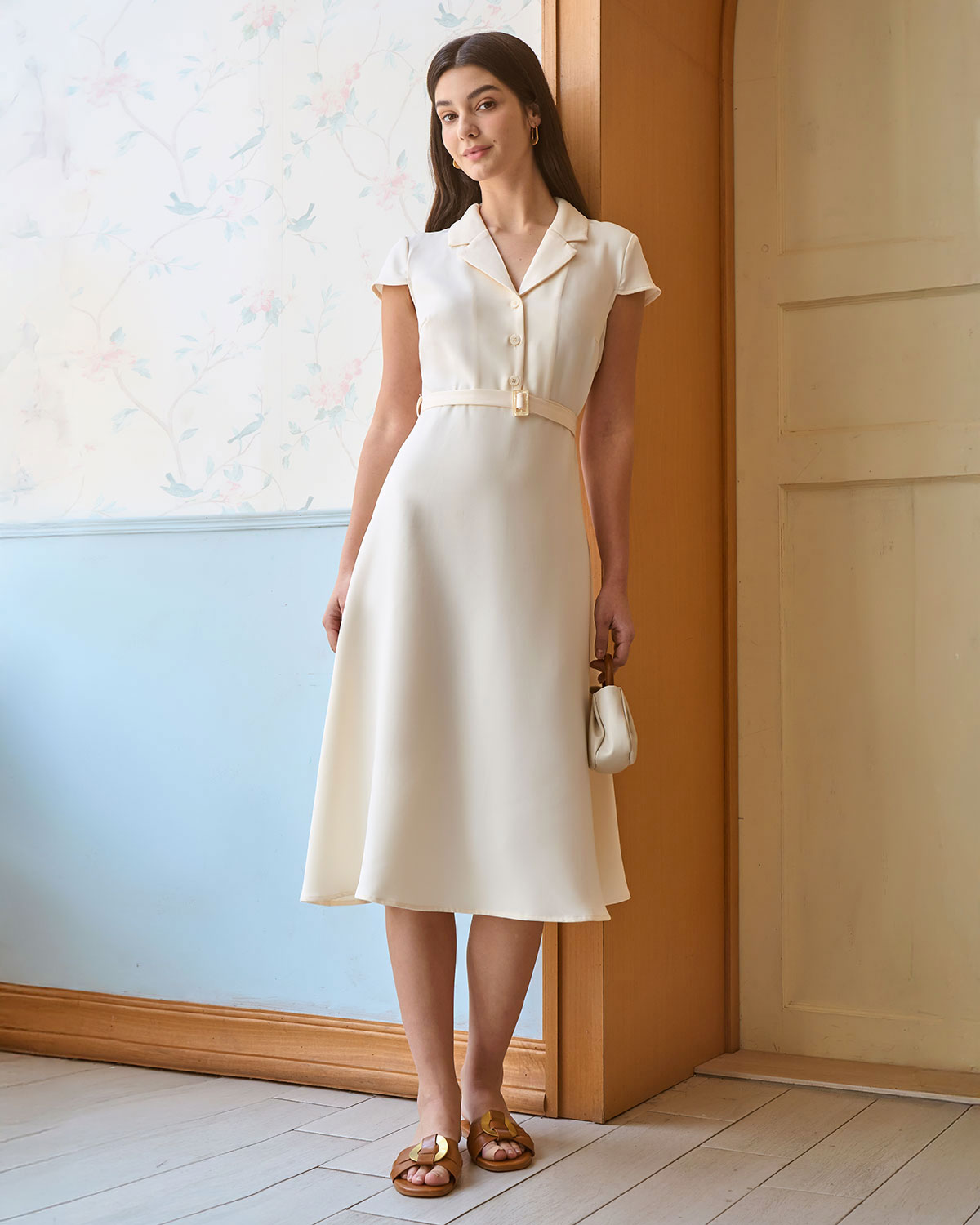 The Beige Lapel Cap Sleeve Shirt Midi Dress - Threadford