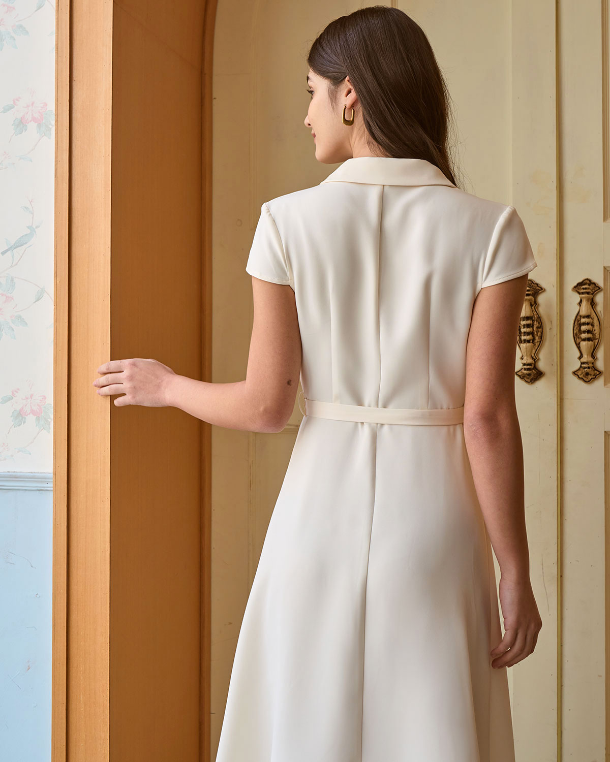 The Beige Lapel Cap Sleeve Shirt Midi Dress - Threadford