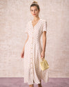 The Beige V Neck Polka Dot Button Midi Dress - Threadford
