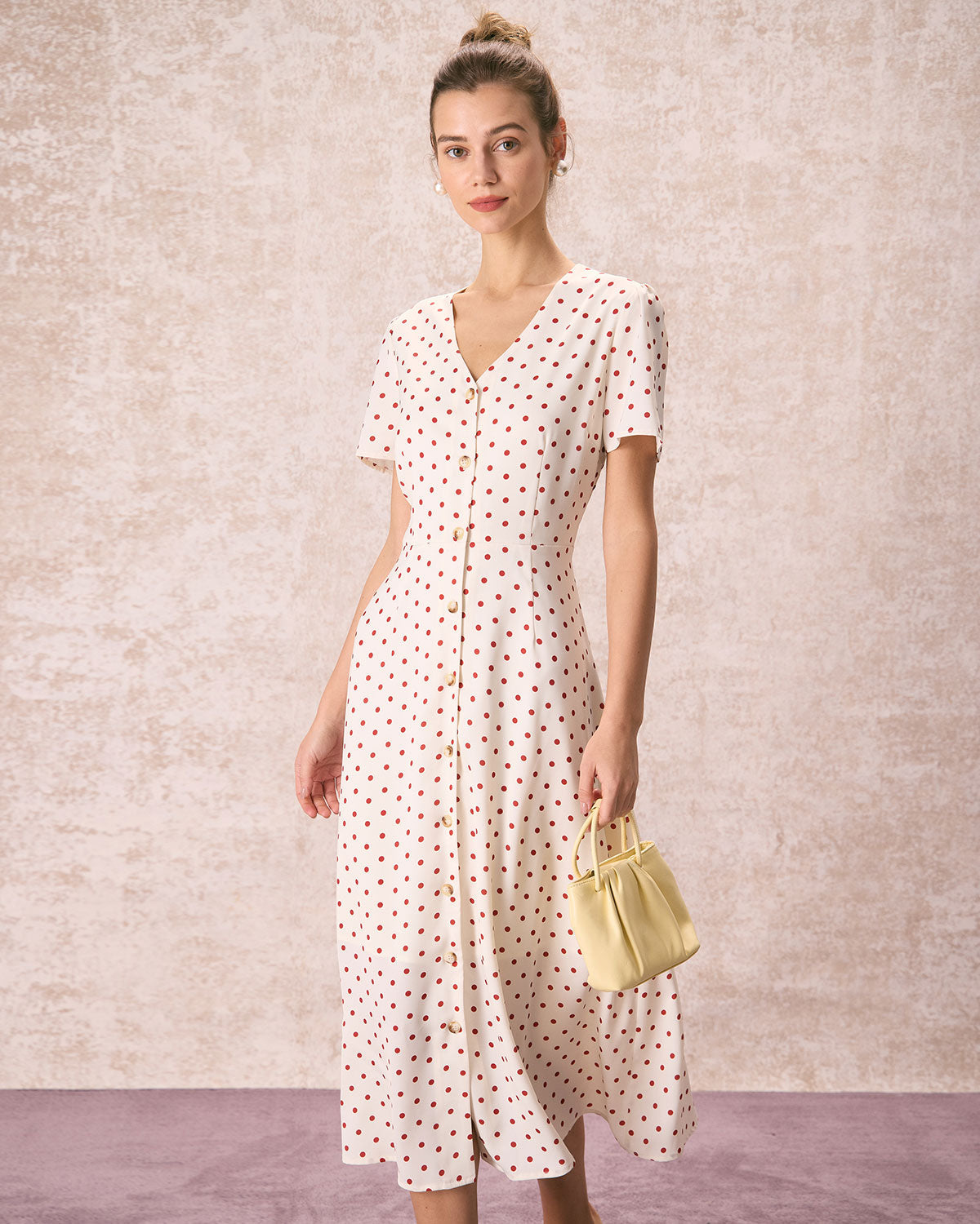 The Beige V Neck Polka Dot Button Midi Dress - Threadford