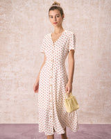The Beige V Neck Polka Dot Button Midi Dress - Threadford
