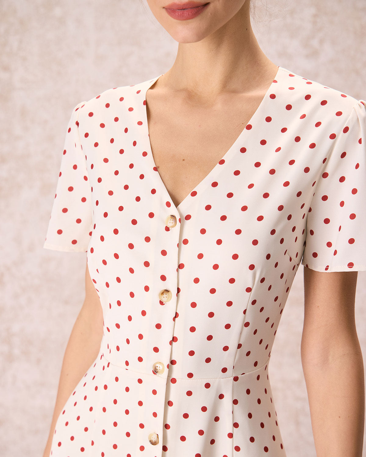 The Beige V Neck Polka Dot Button Midi Dress - Threadford