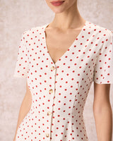 The Beige V Neck Polka Dot Button Midi Dress - Threadford