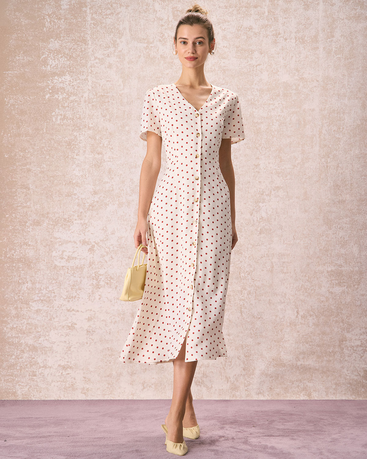 The Beige V Neck Polka Dot Button Midi Dress - Threadford