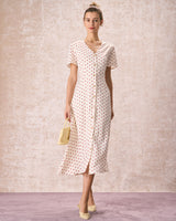 The Beige V Neck Polka Dot Button Midi Dress - Threadford