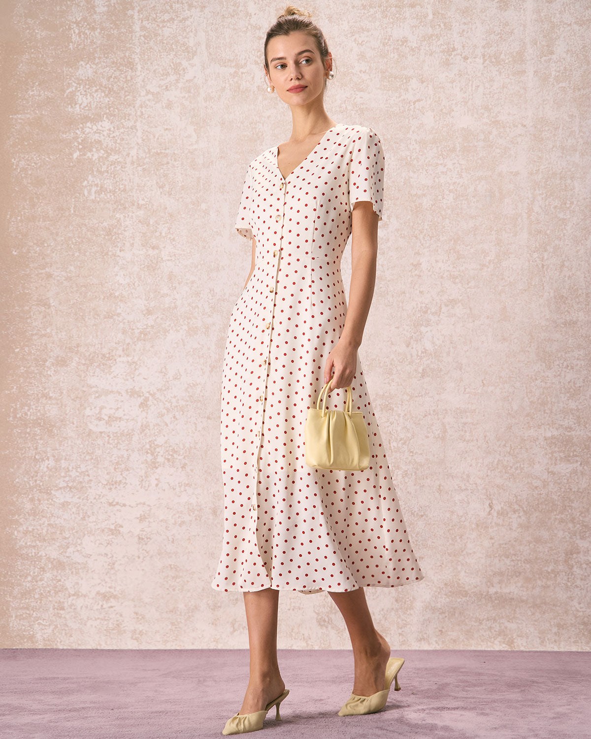 The Beige V Neck Polka Dot Button Midi Dress - Threadford
