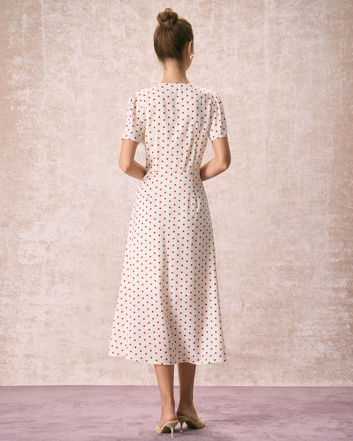 The Beige V Neck Polka Dot Button Midi Dress - Threadford