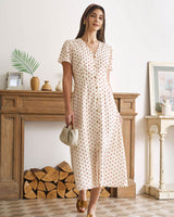 The Beige V Neck Polka Dot Button Midi Dress - Threadford