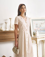 The Beige V Neck Polka Dot Button Midi Dress - Threadford