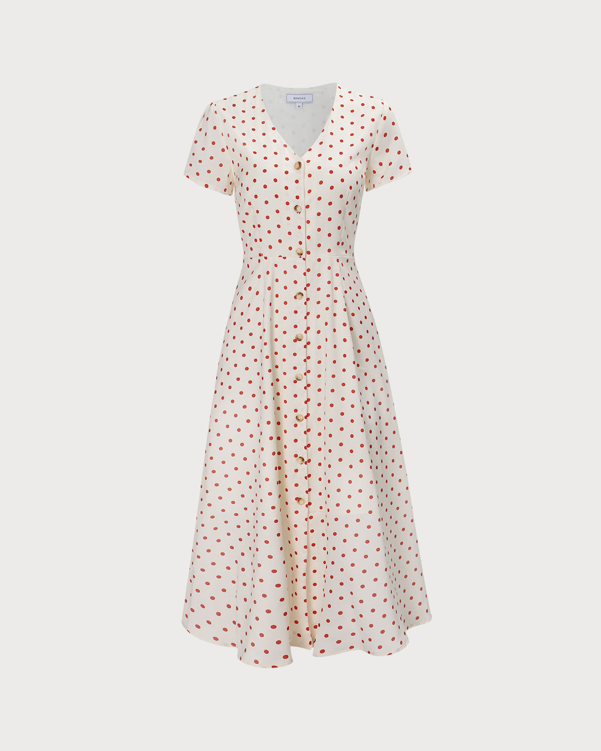 The Beige V Neck Polka Dot Button Midi Dress - Threadford