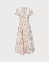 The Beige V Neck Polka Dot Button Midi Dress - Threadford