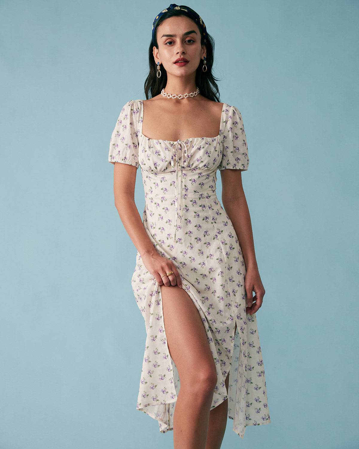 The Short Sleeve Floral Ruched Midi Dress - Threadford