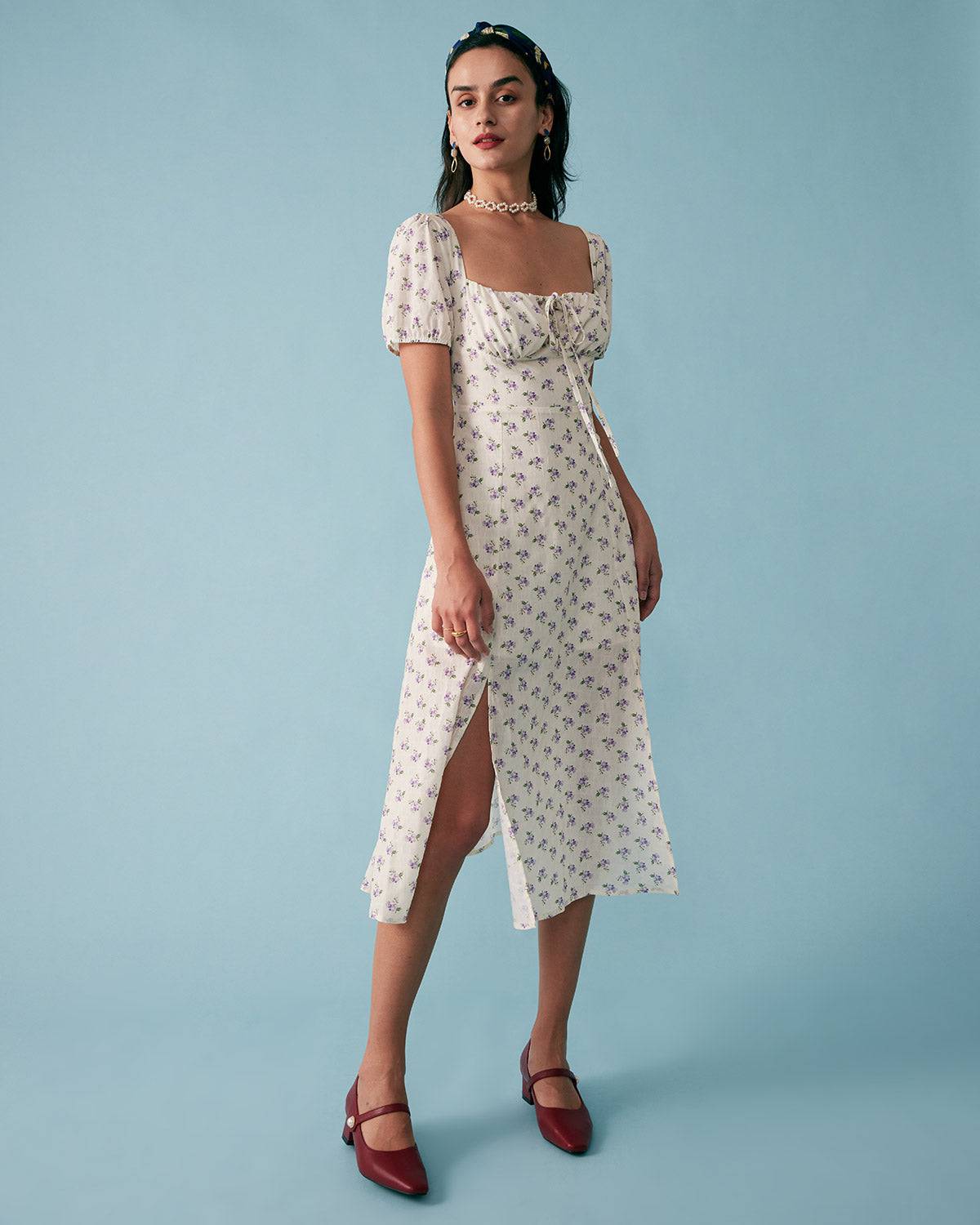The Short Sleeve Floral Ruched Midi Dress - Threadford