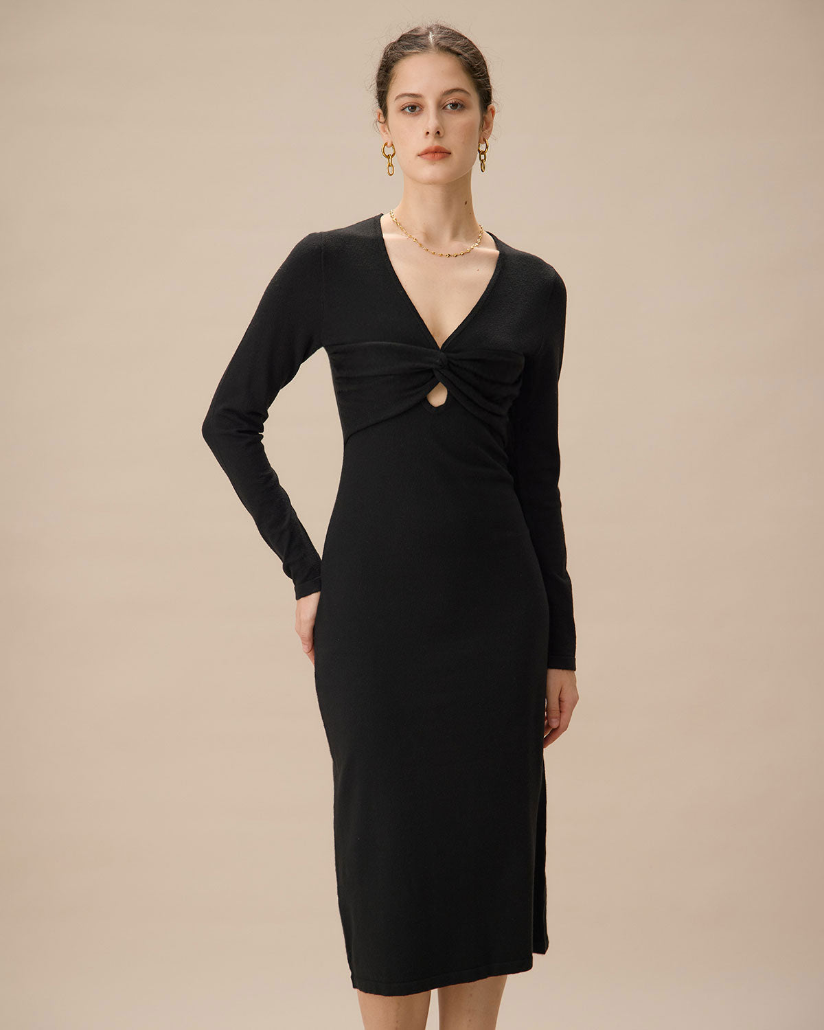 Black V Neck Cut Out Bodycon Sweater Dress - Threadford