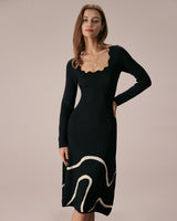 The Black Wave Scalloped Sweater Midi Dress - Threadford