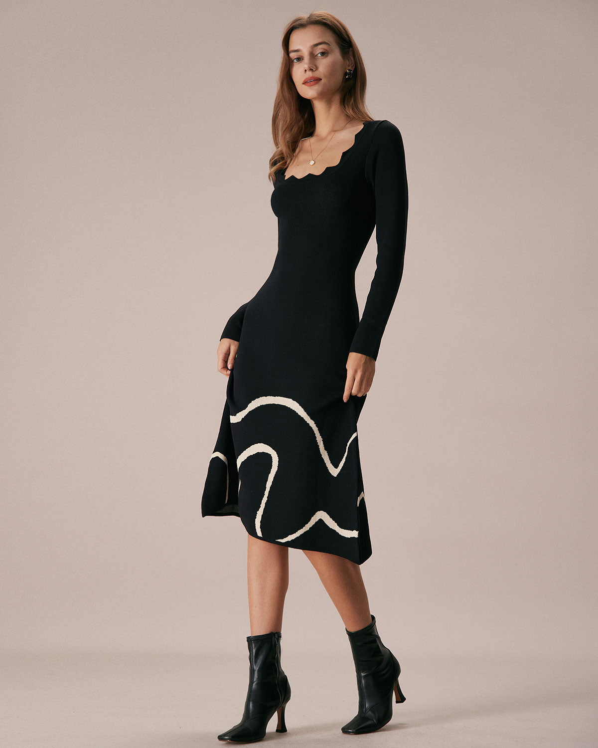 The Black Wave Scalloped Sweater Midi Dress - Threadford