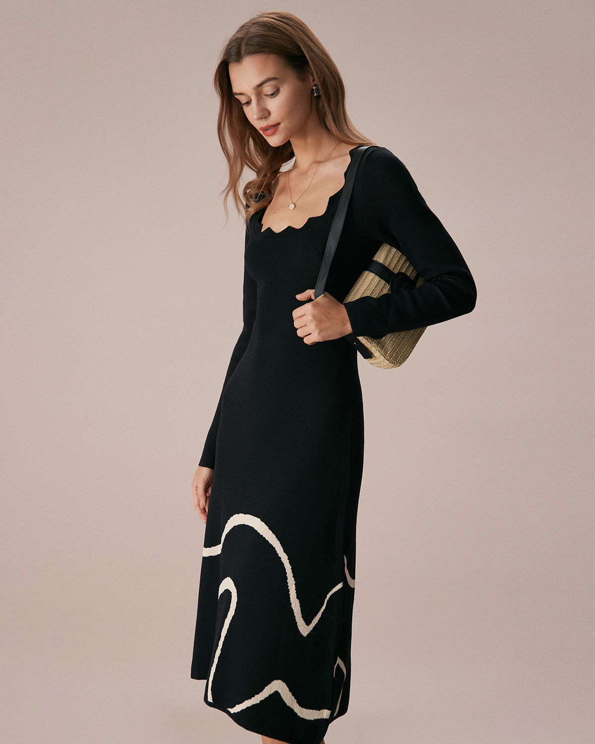 The Black Wave Scalloped Sweater Midi Dress - Threadford