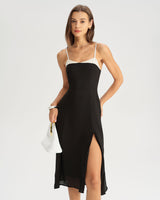 Black Contrasting A-Line Slip Midi Dress - Threadford
