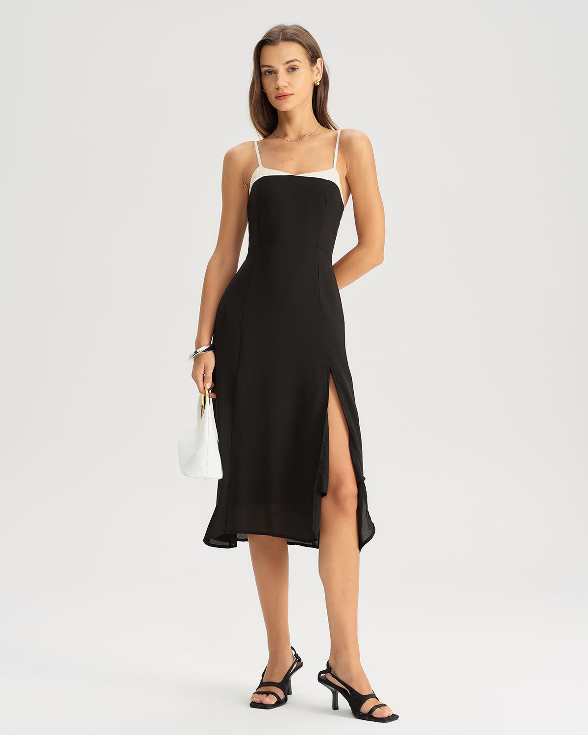 Black Contrasting A-Line Slip Midi Dress - Threadford
