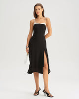 Black Contrasting A-Line Slip Midi Dress - Threadford