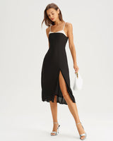 Black Contrasting A-Line Slip Midi Dress - Threadford