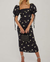 Black Square Neck Floral Midi Dress - Threadford